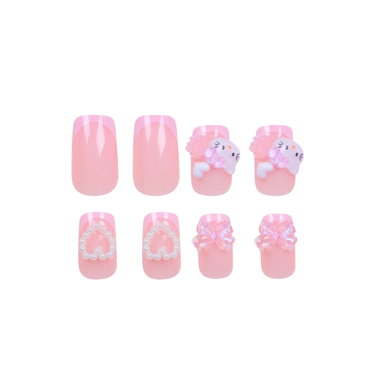 24 Medium Square Nail Pink French Cute Cartoon Cat White Love Camellia