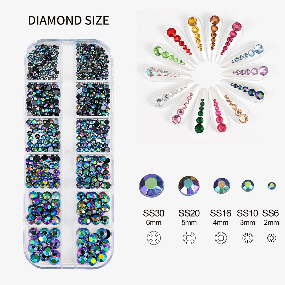 12Grids SS6-SS30 Mixed Nail Rhinestones Shiny Clear/Gold/Pink/Blue
