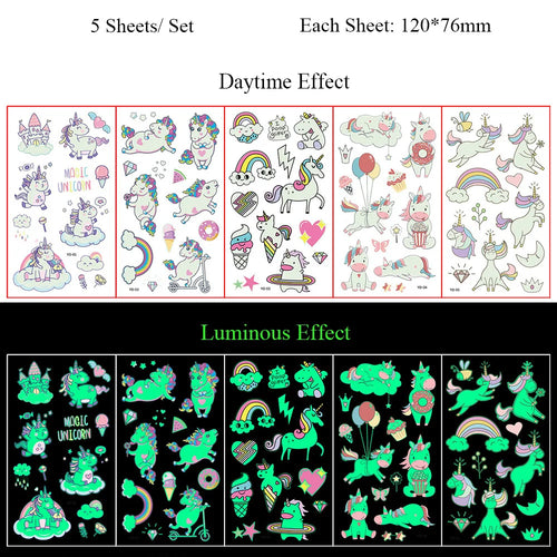 5 Sheets Luminous Tattoo Stickers Temporary Colorful Animal Dinosaur
