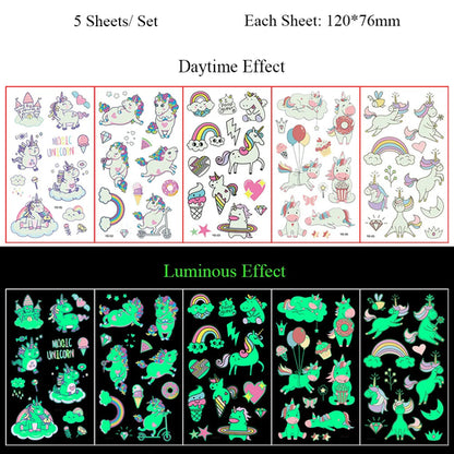 5 Sheets Luminous Tattoo Stickers Temporary Colorful Animal Dinosaur