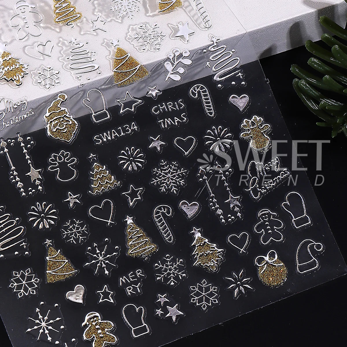 2pcs Gold Silver Christmas 3D Nail Stickers Reflective Glitter Xmas