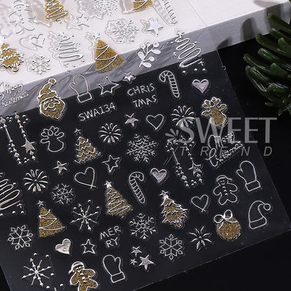 2pcs Gold Silver Christmas 3D Nail Stickers Reflective Glitter Xmas