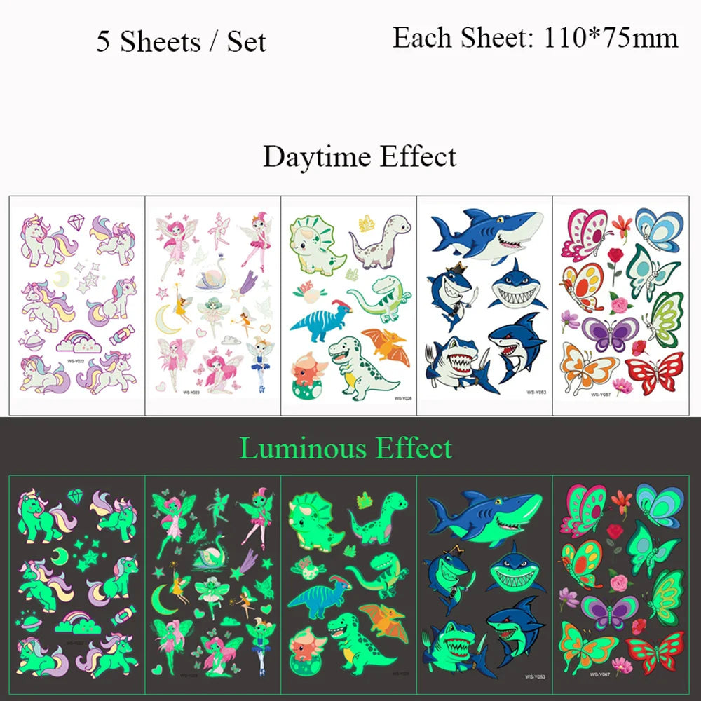 5 Sheets Luminous Tattoo Stickers Temporary Colorful Animal Dinosaur