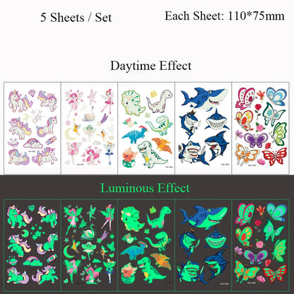 5 Sheets Luminous Tattoo Stickers Temporary Colorful Animal Dinosaur