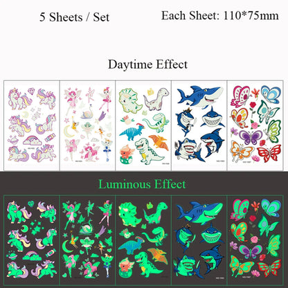 5 Sheets Luminous Tattoo Stickers Temporary Colorful Animal Dinosaur