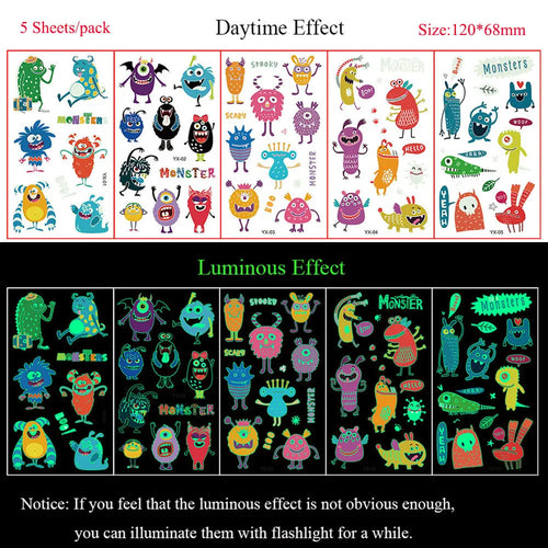 5 Sheets Luminous Tattoo Stickers Temporary Colorful Animal Dinosaur
