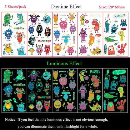5 Sheets Luminous Tattoo Stickers Temporary Colorful Animal Dinosaur