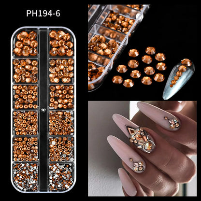 12Grids SS6-SS30 Mixed Nail Rhinestones Shiny Clear/Gold/Pink/Blue