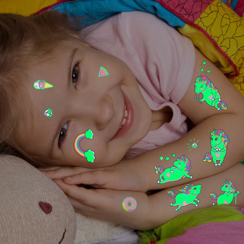 5pcs Green Luminous Glow Kids Cute Unicorn Waterproof Temporary Tattoo