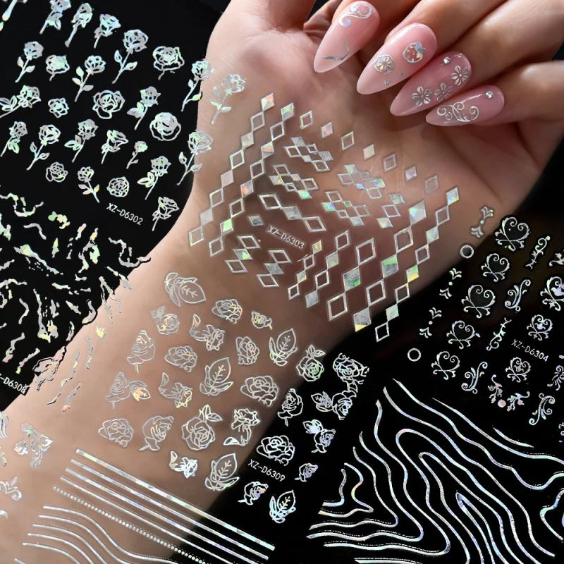 6/30Pcs Nail Stickers 3D Laser Gold Retro French Line Flower Art