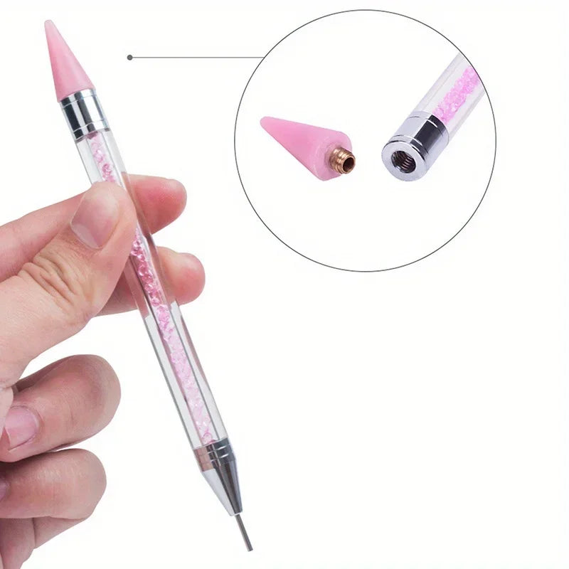 2Pcs set of manicure double-ended diamond pens with crayons stainless