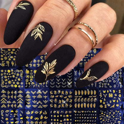 30 Sheets Golden Floral Nail Art Stickers - 3D Self-Adhesive