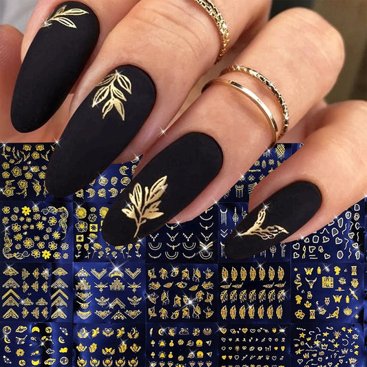 30 Sheets Golden Floral Nail Art Stickers - 3D Self-Adhesive