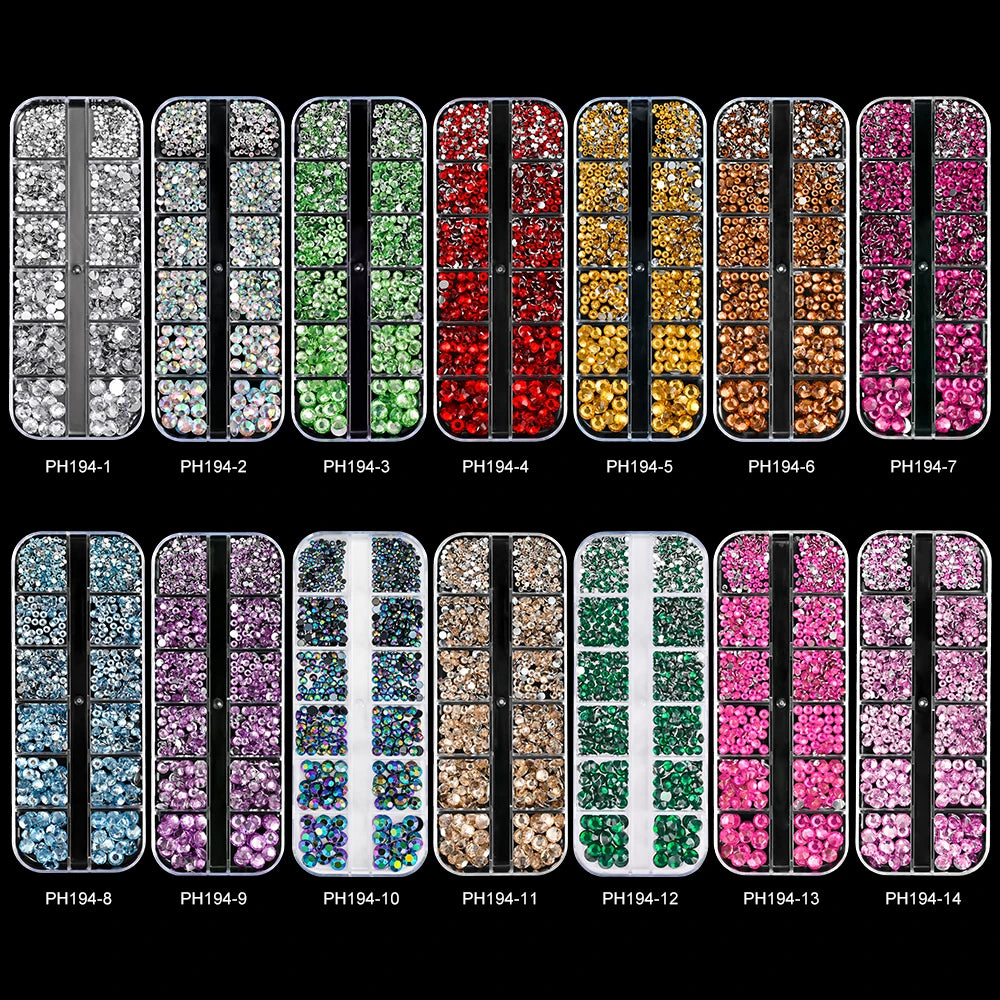 12Grids SS6-SS30 Mixed Nail Rhinestones Shiny Clear/Gold/Pink/Blue