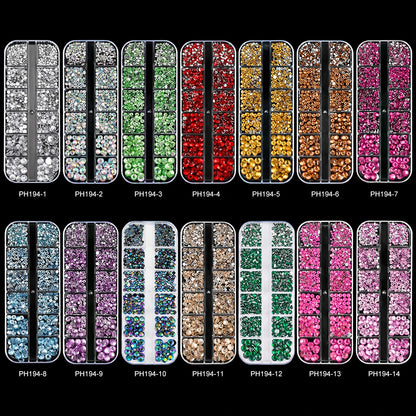 12Grids SS6-SS30 Mixed Nail Rhinestones Shiny Clear/Gold/Pink/Blue