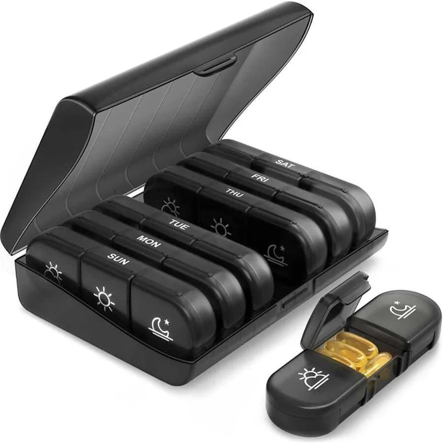 Weekly 21/3 Grids Pill Box Medicine Organizer Black Plastic Storage