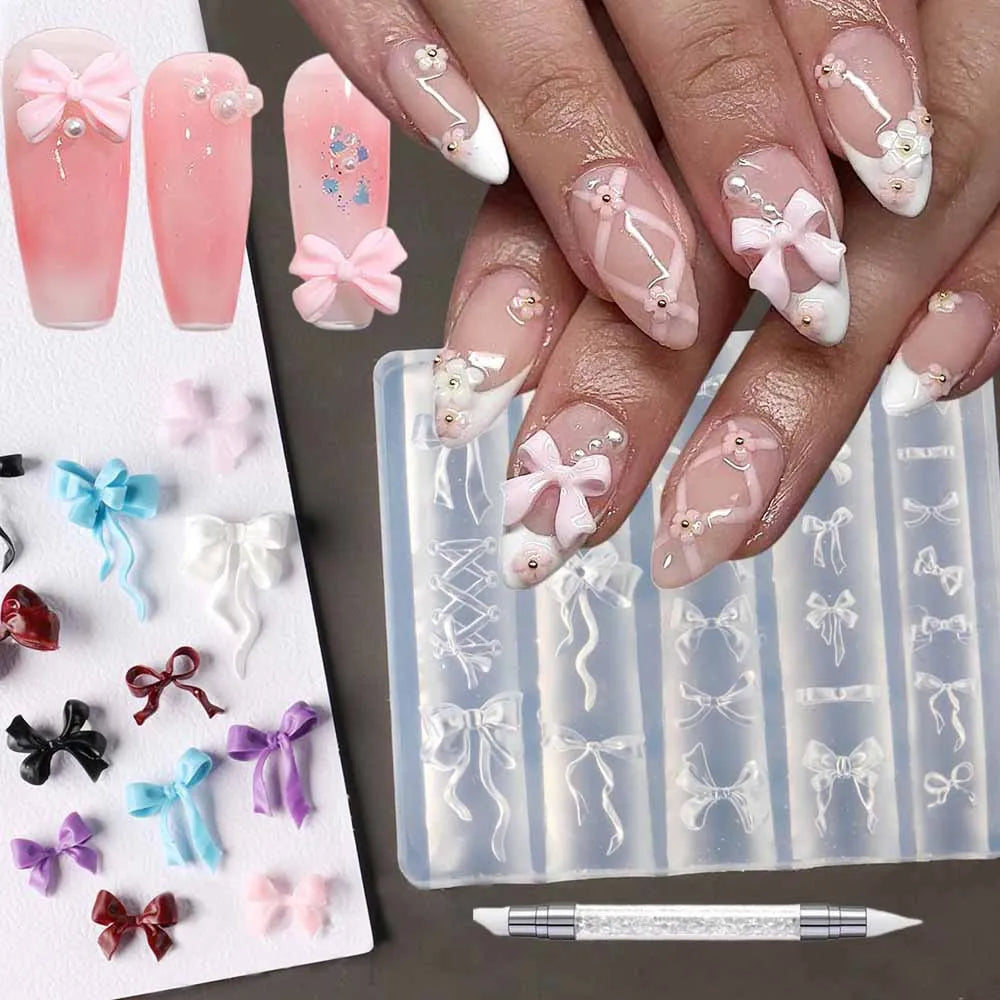 1Pcs 3D Bowknot Silicone Nail Molds+1Carving Pen Y2K Ballet Style