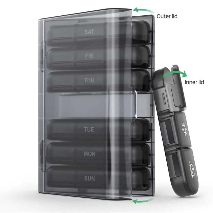Weekly 21/3 Grids Pill Box Medicine Organizer Black Plastic Storage