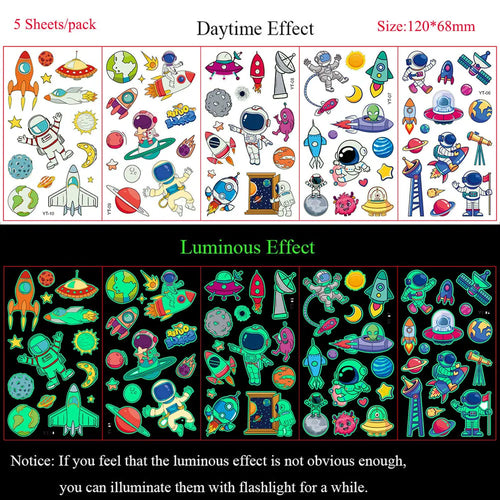 5 Sheets Luminous Tattoo Stickers Temporary Colorful Animal Dinosaur