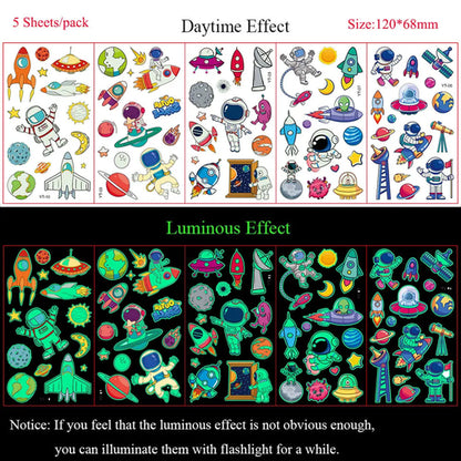 5 Sheets Luminous Tattoo Stickers Temporary Colorful Animal Dinosaur