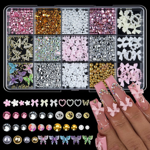 12/15Grids/box Mixed Resin Bowknot Nail Art Decorations 3D Acrylic