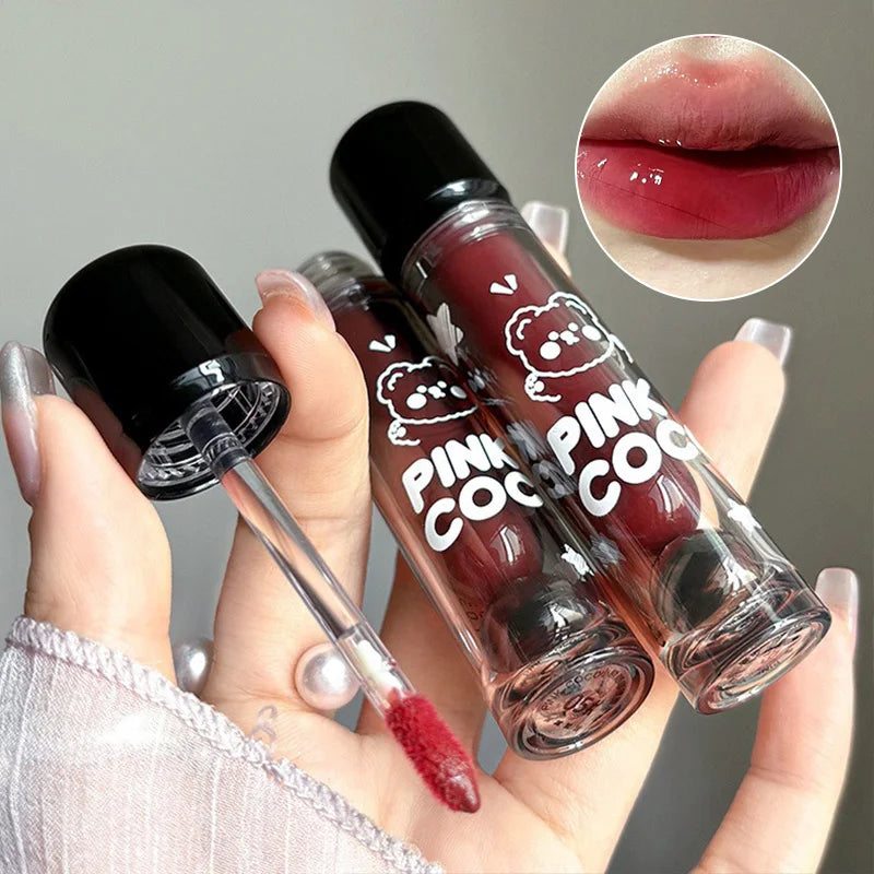 PINKCOCO Bear Doodle Mirror Lip Glaze — Long-Lasting Shiny Lip Gloss,