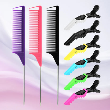 9Pc Alligator Clips Hairdresser Clips Steel Needle Tip Tail Comb Heat