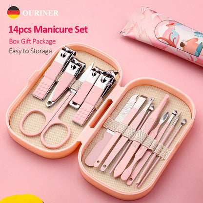 14 Piece Deluxe Manicure & Pedicure Set Pink And Blue Stainless Steel
