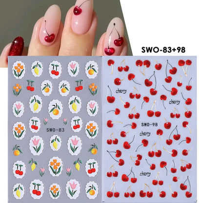 2pcs Sweet Element Nail Art Stickers Simple Flower Heart Cherry