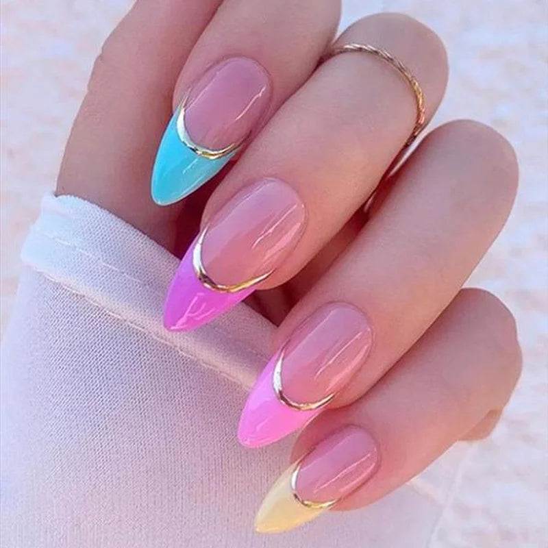 24Pcs Cute Oval False Nails Reusable And Adhesives Aesthetic False Almond Nails Complete Nail Kit Acrylic Press On Set For Gel