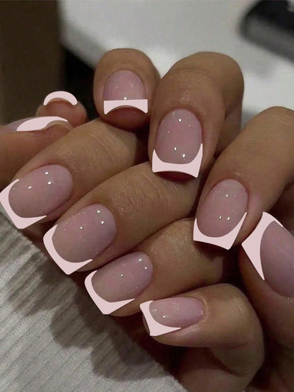 24pcs Long Almond Fake Nails White French Press on Nails Simple Full
