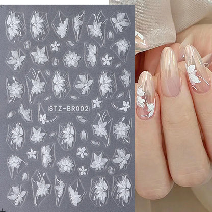 3D White Flower Nail Art Stickers Cute Floral Adhesive Sliders Acrylic