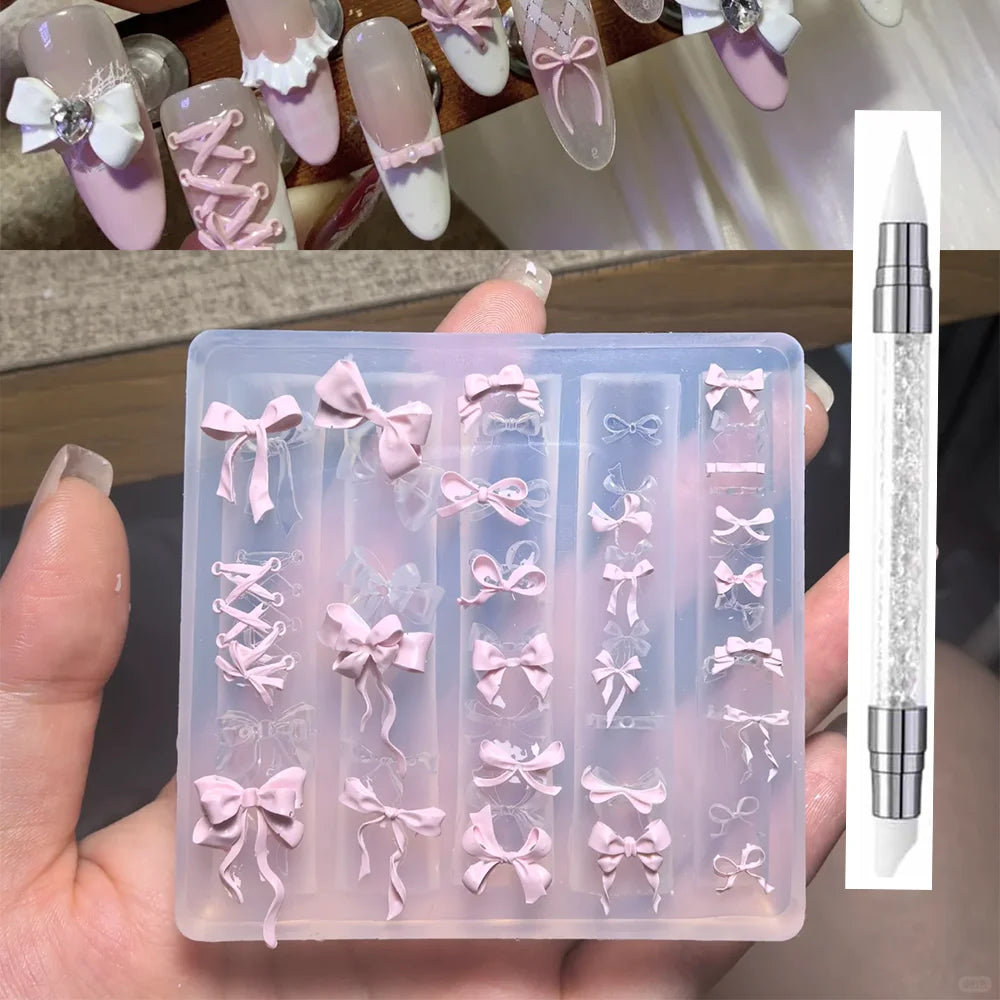 1Pcs 3D Bowknot Silicone Nail Molds+1Carving Pen Y2K Ballet Style