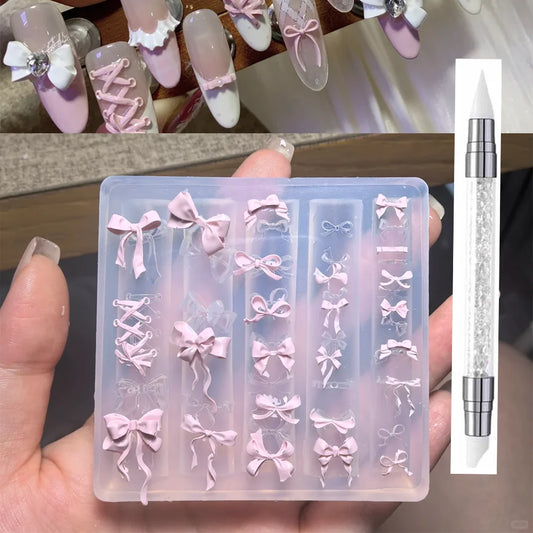 1Pcs 3D Bowknot Silicone Nail Molds+1Carving Pen Y2K Ballet Style