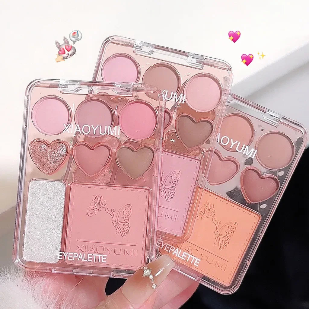 Heart-shaped 8-color eyeshadow tray with blush highlight - matte,