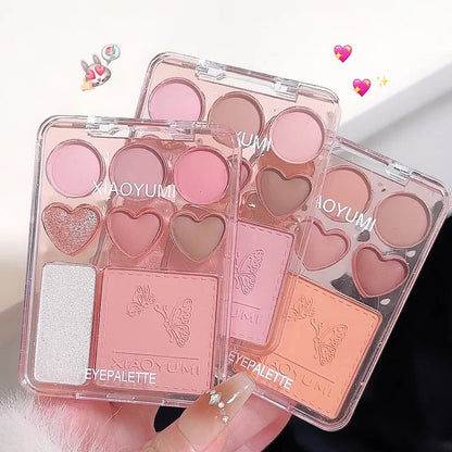 Heart-shaped 8-color eyeshadow tray with blush highlight - matte,