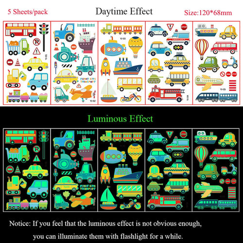 5 Sheets Luminous Tattoo Stickers Temporary Colorful Animal Dinosaur