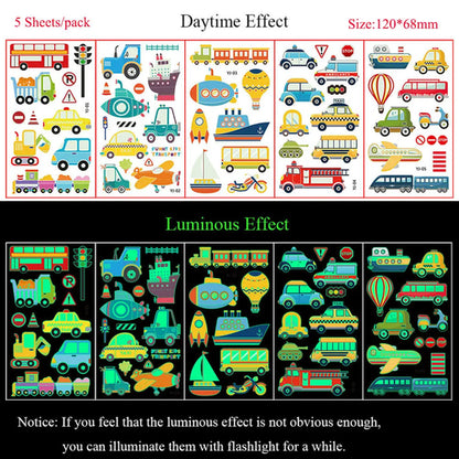 5 Sheets Luminous Tattoo Stickers Temporary Colorful Animal Dinosaur
