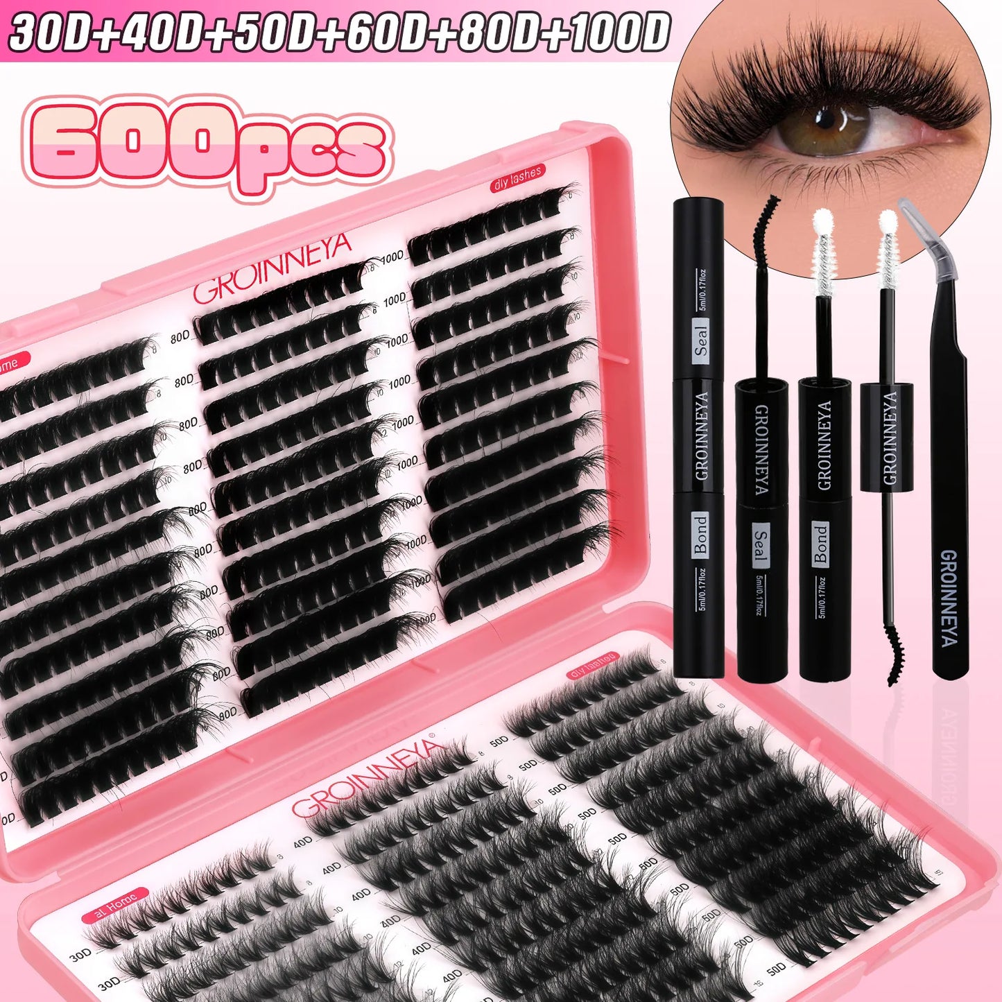 GROINNEYA DIY Lash Clusters Kit Mixed Tray Eyelash Extension Full Set