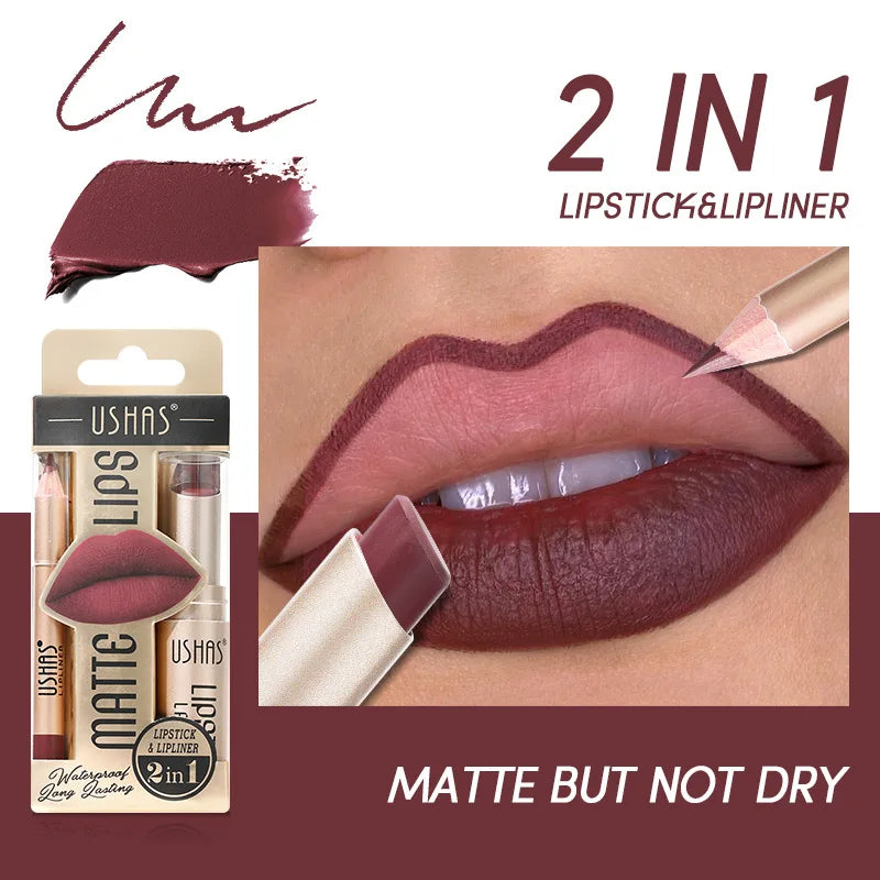 USHAS 12 Color Lip Liner + LIPSTICK Set Easy Coloring Matte Lipstick