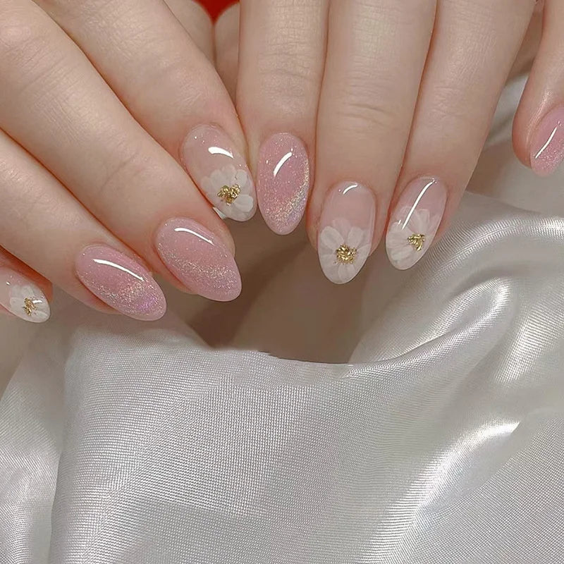 24Pcs Cute Oval False Nails Reusable And Adhesives Aesthetic False Almond Nails Complete Nail Kit Acrylic Press On Set For Gel