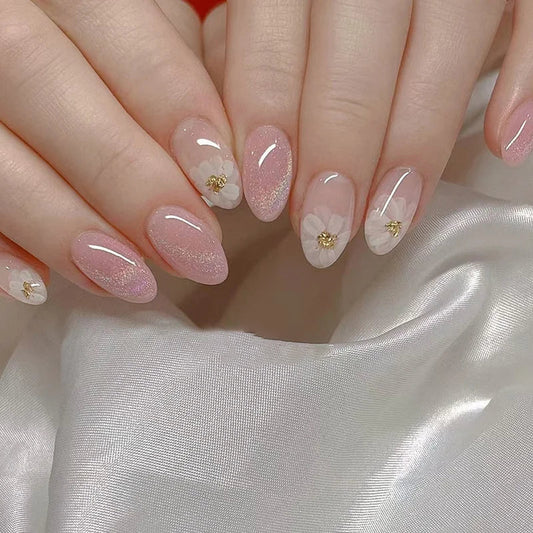24Pcs Cute Oval False Nails Reusable And Adhesives Aesthetic False Almond Nails Complete Nail Kit Acrylic Press On Set For Gel