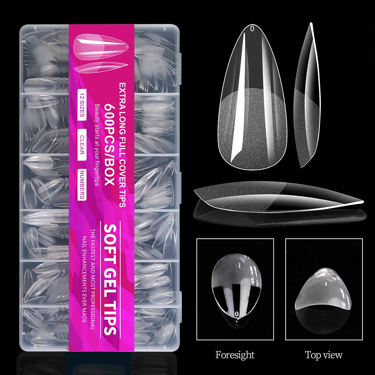 100/600Pcs Short Almond Nail Tips Soft Gel Nail Tips Full Cover False