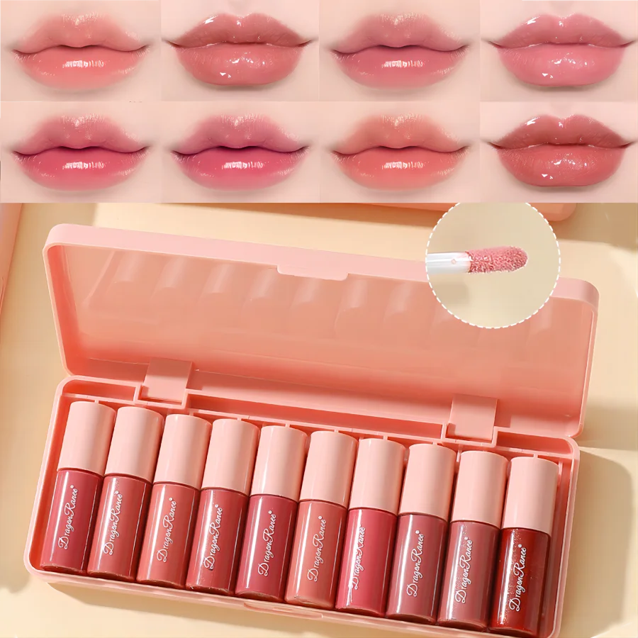 Set of 10 Fine Shimmer Lip Glosses, Easy-To-Apply Lip Glaze,