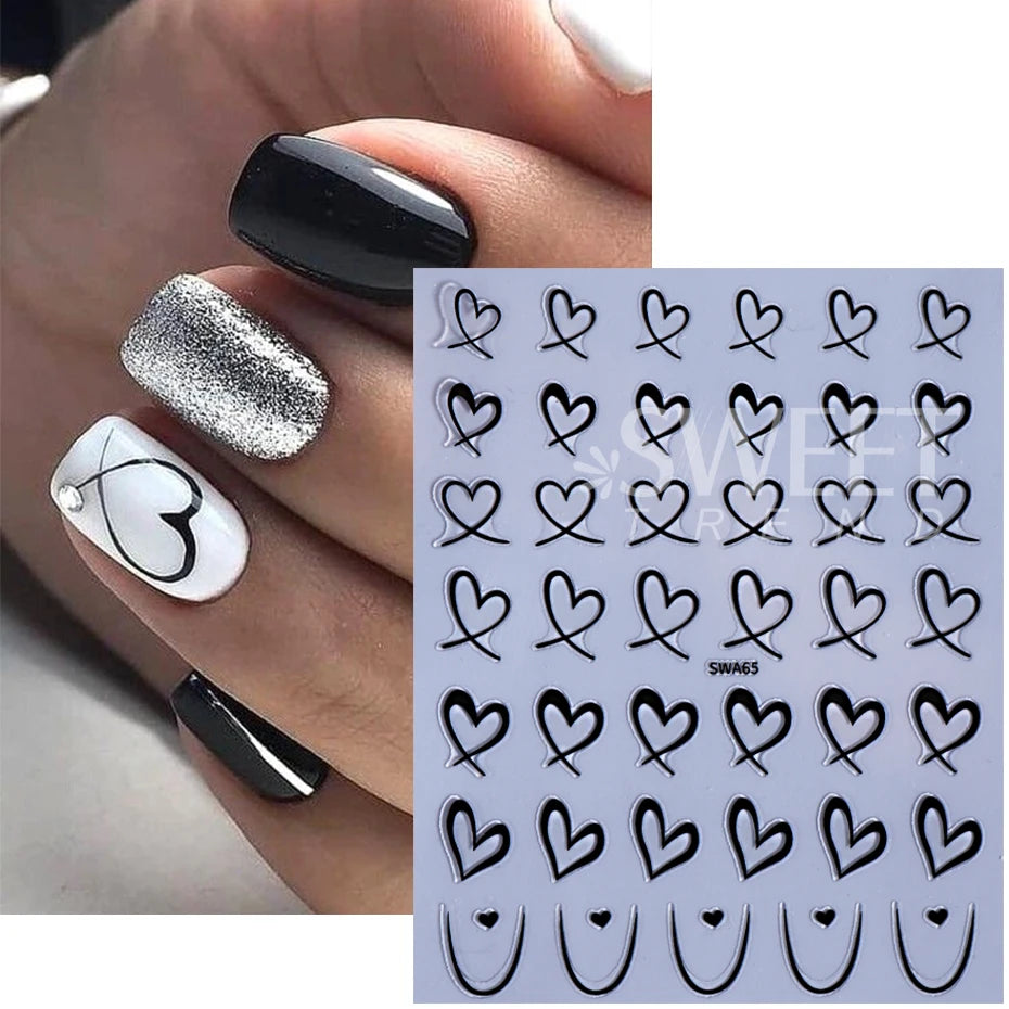 3pcs Valentine's Day Nail Art Stickers 3D Black White Pink Lines Love