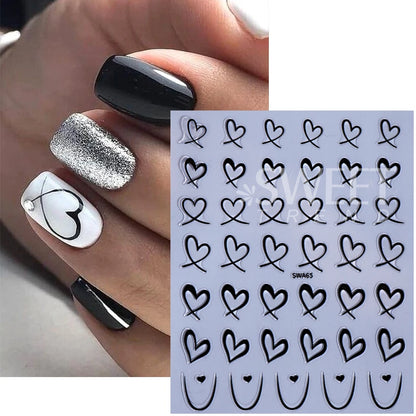 3pcs Valentine's Day Nail Art Stickers 3D Black White Pink Lines Love