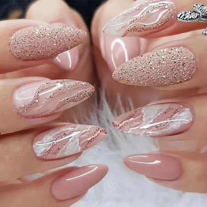 24Pcs Cute Oval False Nails Reusable And Adhesives Aesthetic False Almond Nails Complete Nail Kit Acrylic Press On Set For Gel