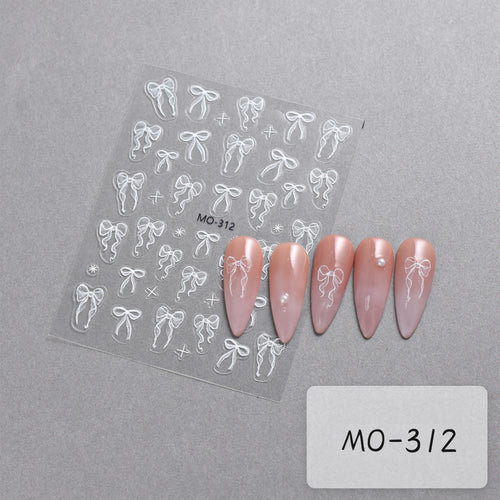 Bowknot Nail Stickers 3D Relief White Ribbon Cute Sweet Pink