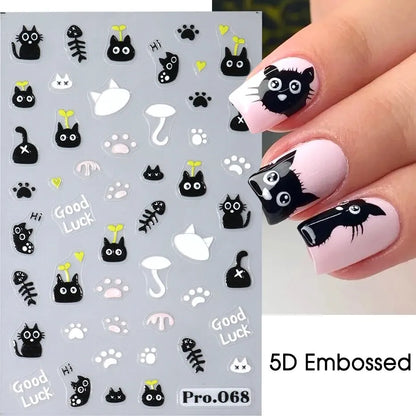 2pcs Black Cat Nail Stickers 3D Cute Cartoon Animal 3D Self-Adhesive