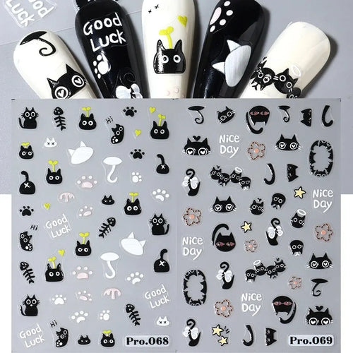 2pcs Black Cat Nail Stickers 3D Cute Cartoon Animal 3D Self-Adhesive